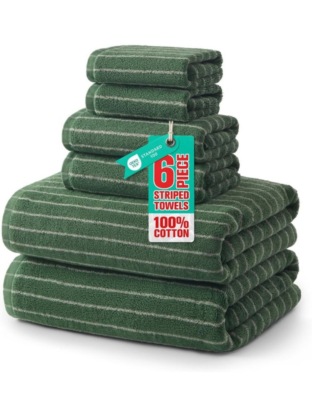 Premium 6-Piece Cotton Bath Towel Set - Super Absorbent, Quick Dry, Striped